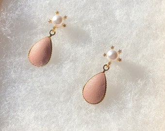 The Leather and Love- Rhinestone, Pearl, and Leather Teardrop Drop Dangle Earrings