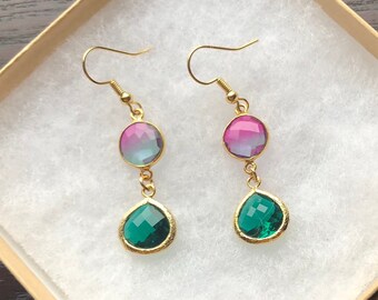 The Watermelon- Green and Fuchsia Pink Gradient Faceted Stone and Emerald Drop Gold Dangle Earrings