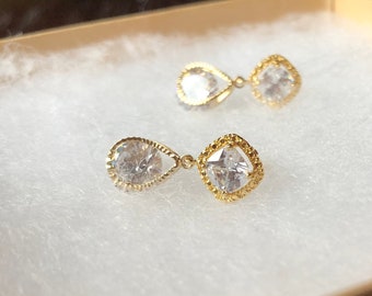 The Captured Light- Dainty Gold and Cubic Zirconia Sparkly Dangle Earrings