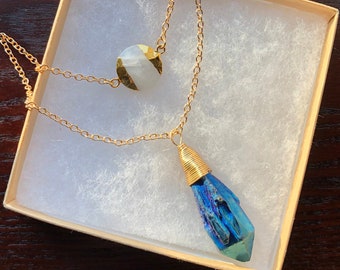 The Au Naturale- Bright Blue Quartz and Rainbow Moonstone Faceted Natural Gemstone Layered Gold Chain Necklace