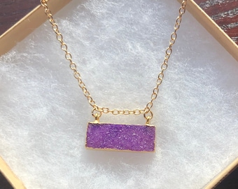 The Purple Necklace Majesty- Purple Druzy Bar Pendant Gold Layering Chain Necklace