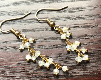 The Vine- Rainbow Moonstone Cluster Gold Dangle Earrings