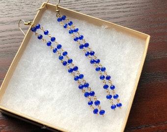 The Royal Lineage- Royal Blue Jade Quartz Small Bead Gold Long Drop Earrings