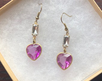 The Heart Will Go On- Vintage Clear Crystal and Bright Pink Heart Charm Brass Earrings