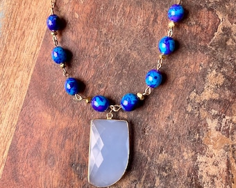 The Blue Skies- Chalcedony Horn Faceted Pendant and Blue Tie Dye Bead Gold Necklace