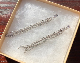 The Let's Dance- Crystal Stud and Mixed Chain Rhinestone Silver Long Dangle Earrings