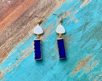 The Cobalt- Bright Blue Chalcedony Wavy Charm with White Druzy Gold Earrings