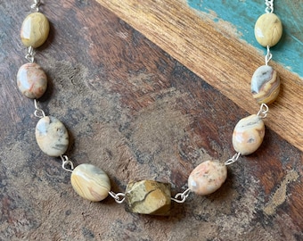 The Marvelous Marble- Neutral Yellow and Tan Swirl Agate Stone Marbled Silver Chain Necklace