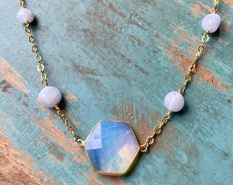 The Lavender Layer- White Opal Hexagon Pendant on Blue Lace Agate Stone Gold Rosary Chain Necklace