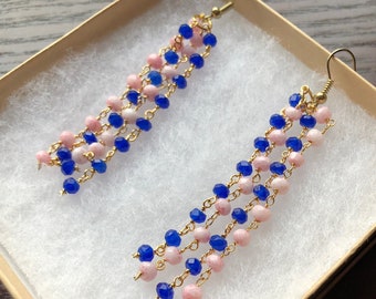 The Dripping Dots- Light and Airy Royal Blue Jade Quartz and Mystic Pink Opal Wire Wrapped Dangle Gold Earrings