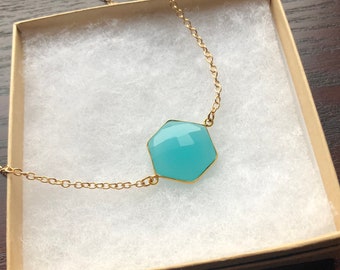 The Skyline- Large Aqua Gemstone Faceted Hexagon Layering Gold Chain Necklace