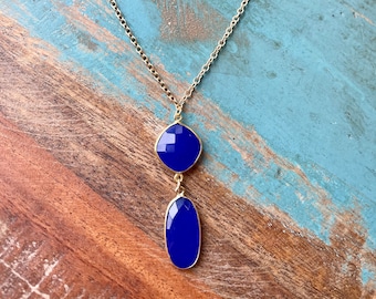 The Natural- Natural Blue Chalcedony Diamond and Oval Cushion Pendant Gold Chain Necklace