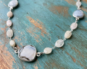 The Rolling Stone- Aquamarine Stone Chain with Fossil Blue Opal Silver Connectors Silver Necklace