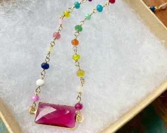 The Party Popper- Rainbow, Rosary Style, Bright, Pink Pendant, Colorful, Multi Jade, Quartz, Gold Necklace