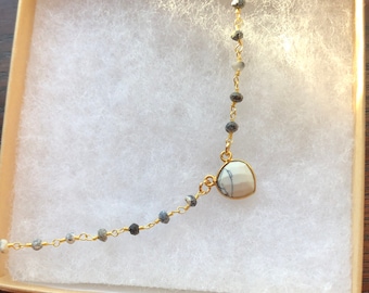 The Howl at the Moon- Howlite Heart Charm and Dendrite Opal Rosary Gold Necklace