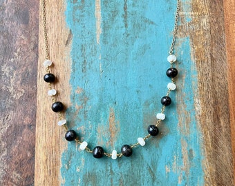 The Cookies and Cream- Rainbow Moonstone and Large Black Pearl Gold Chain Necklace