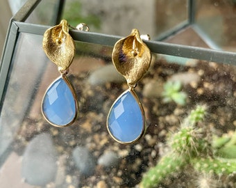 The Tulip- Periwinkle Large Faceted Glass Gold Flower Post Dangle Earrings