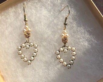 The Peaches and Cream- Vintage Swarovski Pearl and Swarovski Pearl Heart Brass Dangle Earrings