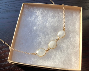 The Trifecta- Three Rainbow Moonstone Charm Gold Chain Choker Necklace