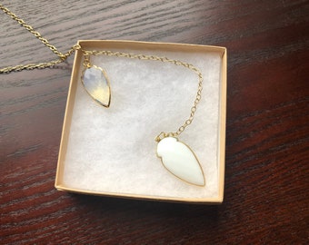 The Arrowhead- White Agate and Opalite Quartz Large Arrowhead Spears Gold Lariat Necklace