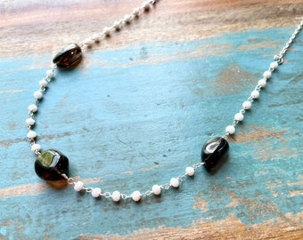 The Work Hard Play Hard- White Jade and Black Quartz Nugget Long Silver Rosary Style Necklace