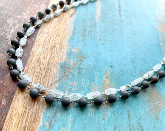 The Matrix- Carbon Black Matte Druzy and Rutile Quartz Geometric Double Layered Silver Necklace