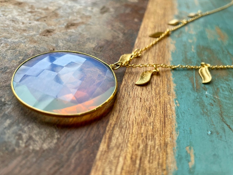 Extra Large White Opal Pendant Necklace on Gold Chain with Gold Leaf Charms The Crystal Ball