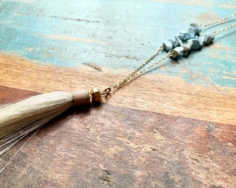 The Tassel Tied- Long Gold Chain Cream Tassel Pink and Amazonite Chip and around Stone Bead Necklace