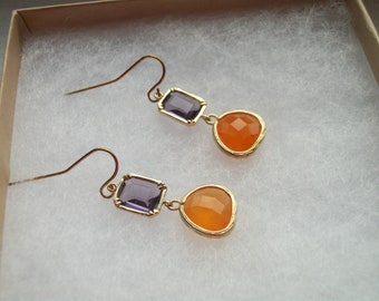 The Let It Fall- Purple and Orange Gold Faceted Stone Earrings