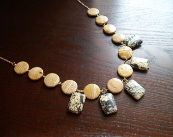 The Voice of Eden- Natural Wood and Black and White Stone Gold Statement Necklace
