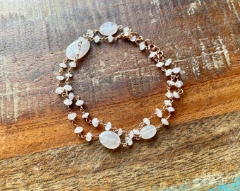 The Ring Around the Rosie Wristie- Rose Quartz Oval and Small Stone on Rose Gold Double Wrap Bracelet