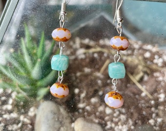 The Petunia- Vintage Light Pink Gold Leaf and Amazonite Silver Dangle Earrings