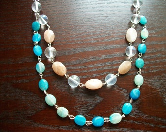 The Femme Fatale- Double Stranded Moonstone and Varying Blue Amazonite stone necklace
