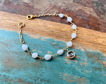 The Dainty Daffodil- Blue Lace Agate Stone Rosary Gold Chain and Small Lavender Glass Charm