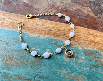 The Dainty Daffodil- Blue Lace Agate Stone Rosary Gold Chain and Small Lavender Glass Charm