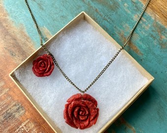 The By Any Other Name- Rose Pendant and Asymmetrical Flower Charm Antique Brass Chain Necklace