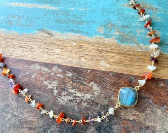 The Eye of the Tiger- Striking Labradorite Diamond Pendant and Semi Precious Mix Stone Flat Chip Nuggets on Gold Rosary Style Chain