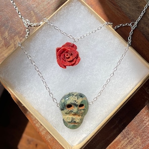 The Forever Love- Turquoise Stone Skull Pendant and Red Rose Charm Silver Layered Chain Necklace