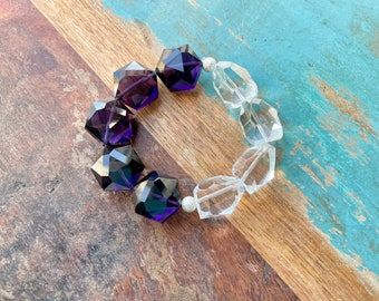 The Vicky- Large Chunky Deep Purple Quartz and Clear Shiny Stone with Sparkly Silver Bead Stretch Bracelet