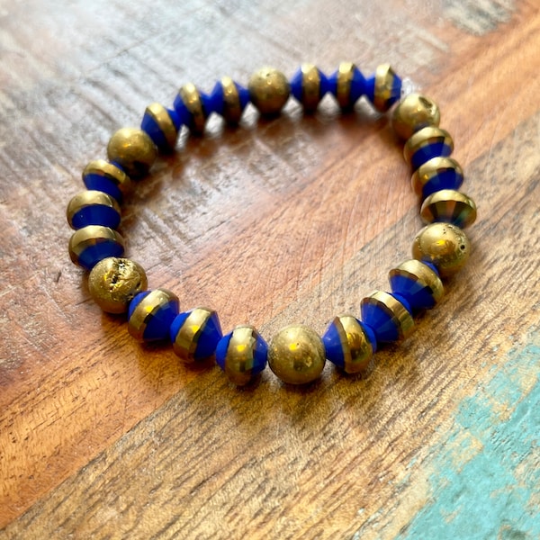 The Extravagant- Gold Pyrite Geode and Bright Blue and Gold Bead Stretch Bracelet