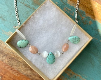 The Spring Air- Light Blush Moonstone and Turquoise Silver Chain Necklace with White Iridescent Beads