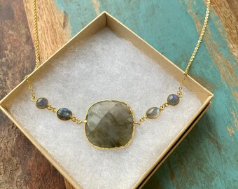 The Stylish Statement - Large Faceted Labradorite Pendant Gold Chain Necklace Choker