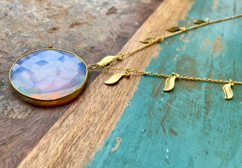 Extra Large White Opal Pendant Necklace on Gold Chain with Gold Leaf Charms The Crystal Ball