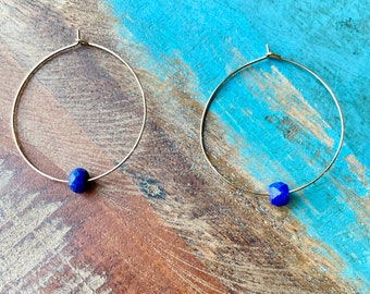 The Perfect Drop- Saaphire Stone Medium Gold Hoop Lightweight Earrings