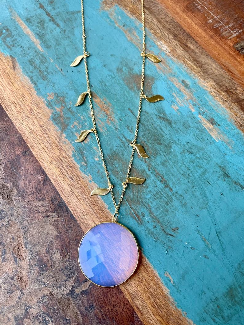 Extra Large White Opal Pendant Necklace on Gold Chain with Gold Leaf Charms The Crystal Ball
