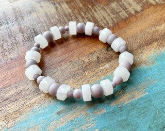 The Round About- Matte Light Purple and Opaque Wheel White Bead Stretch Bracelet