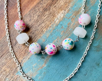 The Y2K- Retro Rainbow Painted Glass Bead on Layered Silver Chain Two Strand Necklace