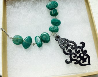 The Jade- Russian Amazonite and Black Wood Carving Silver Chain Necklace