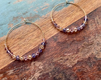 The Round About- Super Sparkly Pink, Yellow, and Purple Pastel Beaded Gold Hoops