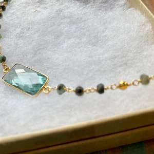 The Princess and the Stone- Green Quartz Pendant and Emerald and Gold Pyrite Gold Rosary Style Necklace